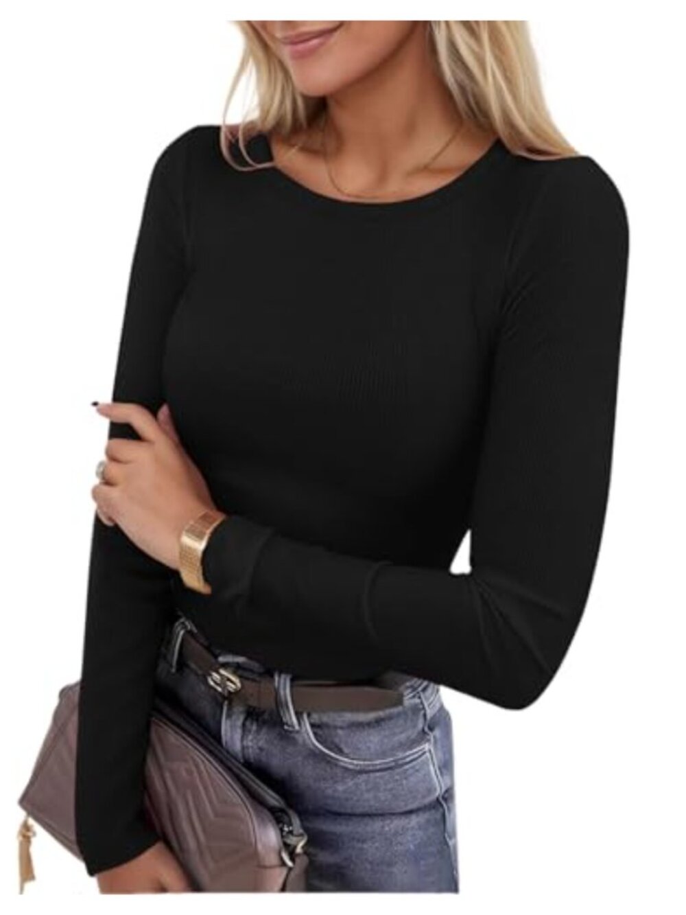 Womens Long Sleeve Ribbed Knit Slim Fitted Crewneck Top Stretch T-Shirt